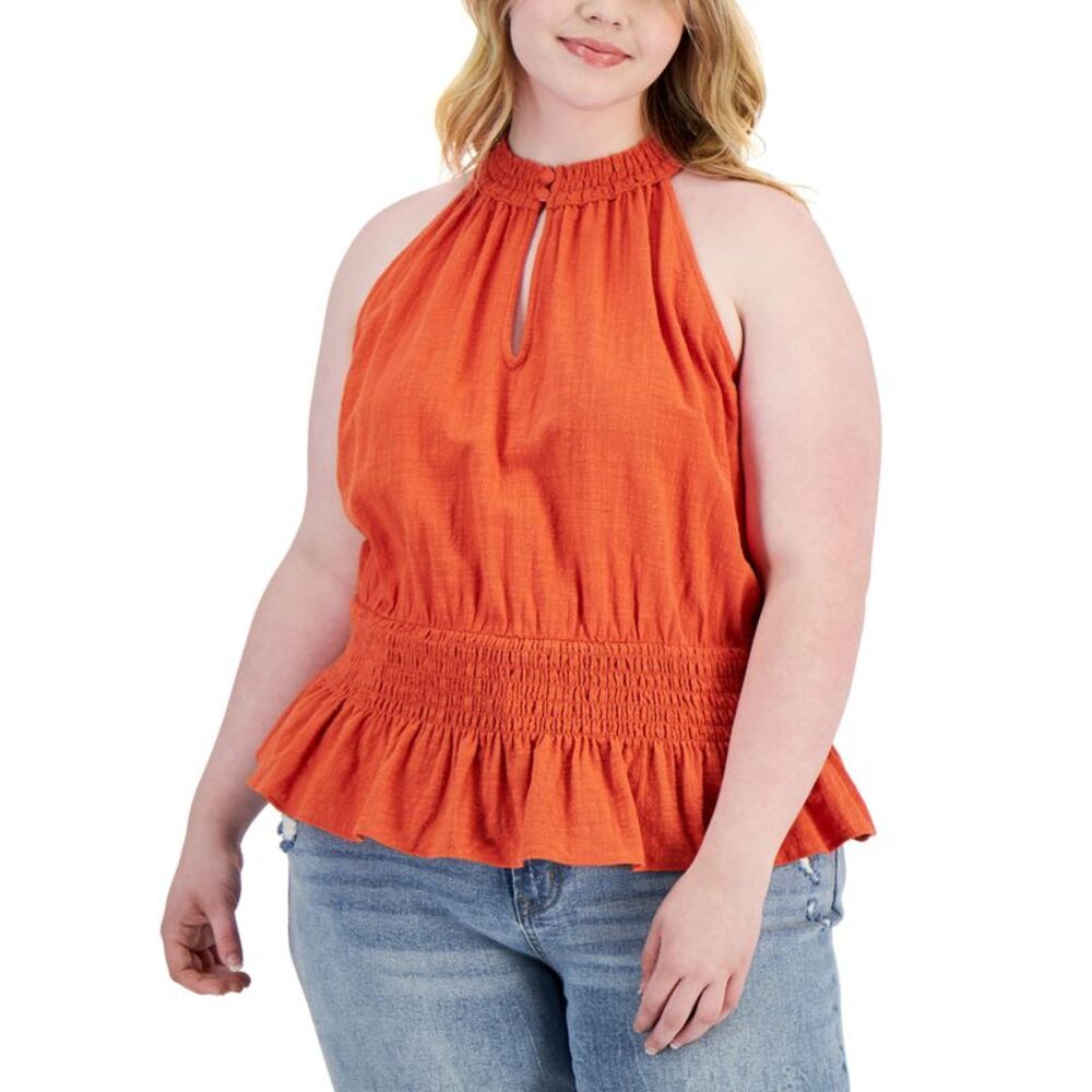 INC International Concepts Plus Size Smocked Cotton Halter Top
